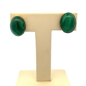 Estate Sterling Silver Gold‎ Vermeil & Malachite Clip Back Oval Earrings! 157